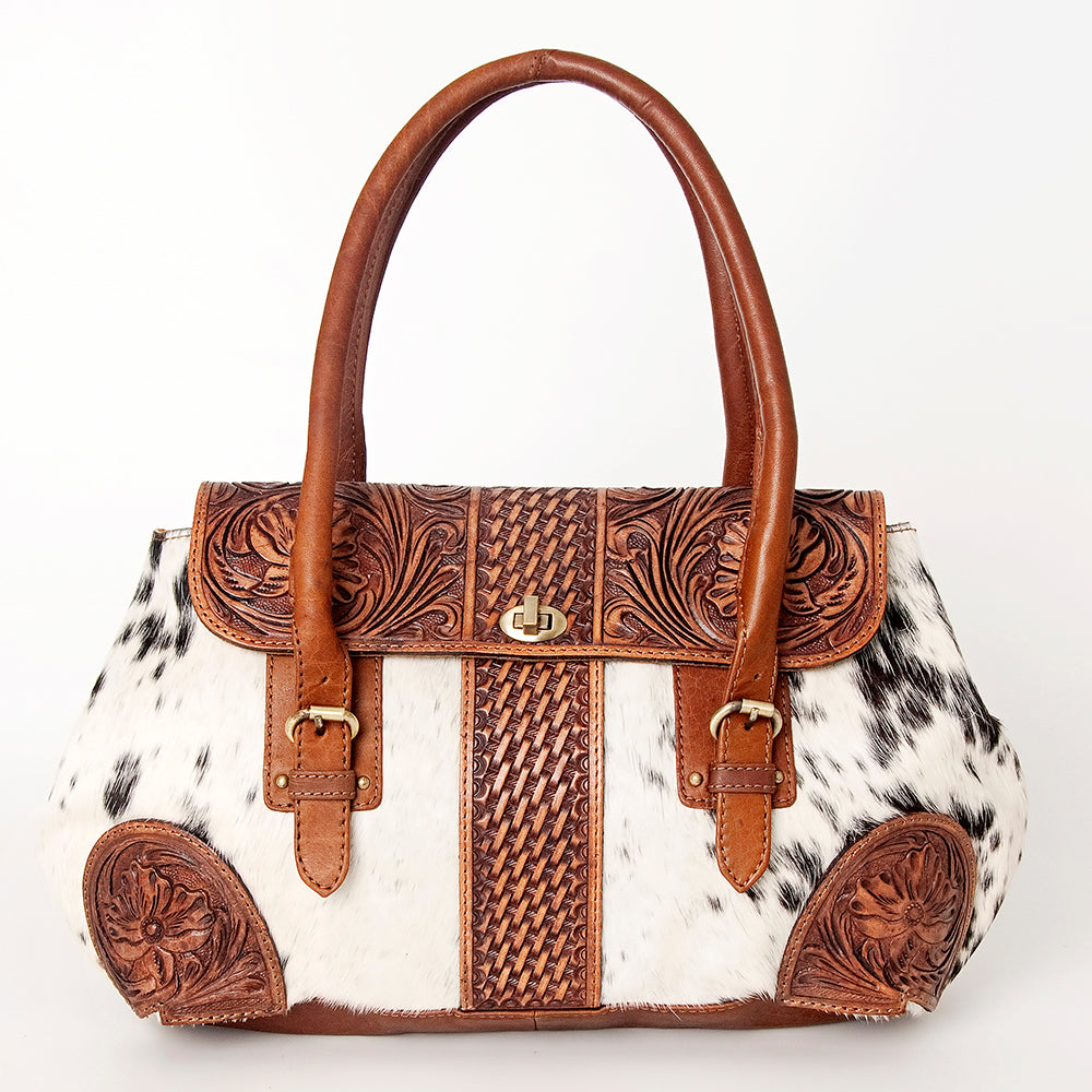 American Darling Speedy Bag, Hand-Tooled Floral Western Leather Purse, Hair-On Cowhide, Basket Weaving, 10in (H) X 16in (W) X 3.5in (D)