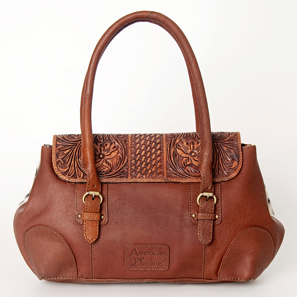 American Darling Speedy Bag, Hand-Tooled Floral Western Leather Purse, Hair-On Cowhide, Basket Weaving, 10in (H) X 16in (W) X 3.5in (D)