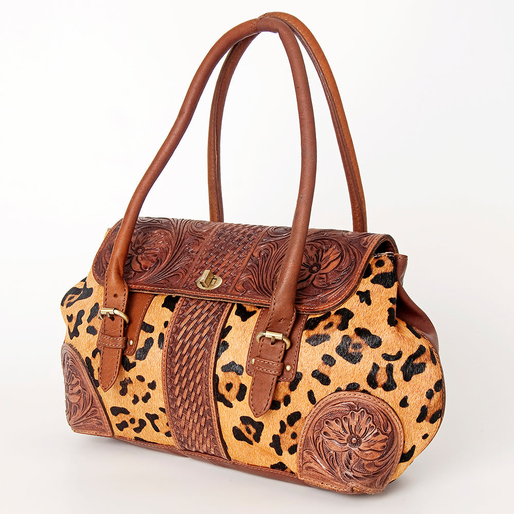 American Darling Speedy Bag, Hand-Tooled Floral Western Leather Purse, Hair-On Cowhide, Basket Weaving, 10in (H) X 16in (W) X 3.5in (D)