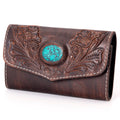 American Darling Western Leather Wallet Hand Tooled Floral Carved Turquoise Stone Genuine Vegetable Tanned Leather 4in x 8in