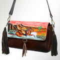 American Darling Cross body Bag, Hand Painted Artistic Horse Scene, Fringed Vegetable Tanned Leather, 14in X 2in X 12in