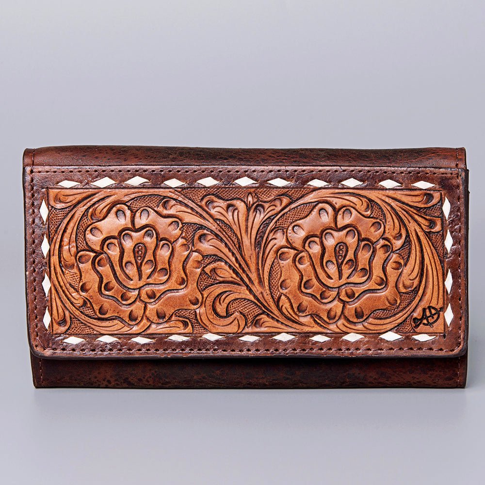 Genuine Leather Handcrafted Tooled Wallet And Western Style Wristlet Bag For Women