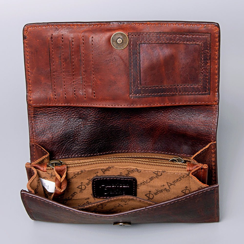 Genuine Leather Handcrafted Tooled Wallet And Western Style Wristlet Bag For Women