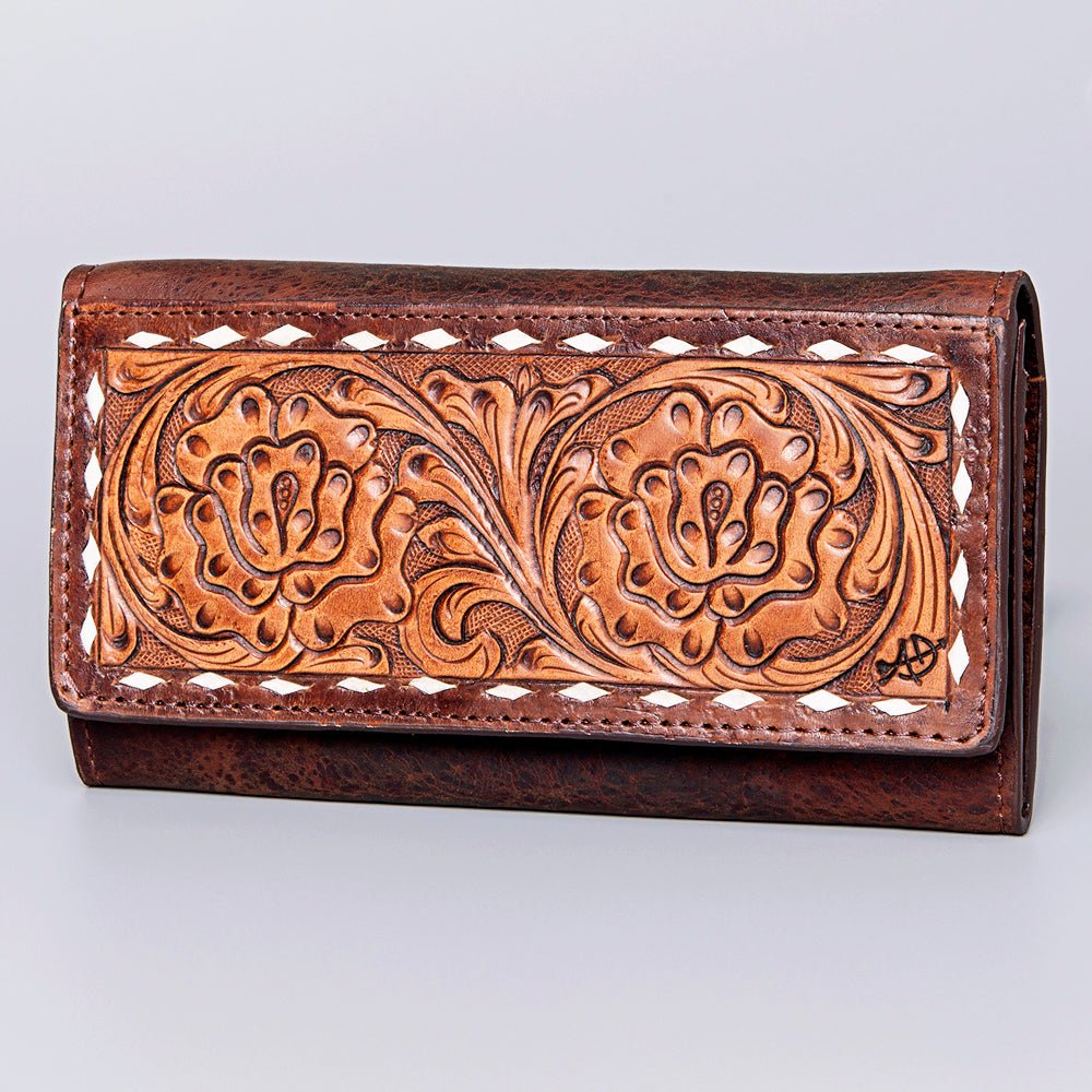 Genuine Leather Handcrafted Tooled Wallet And Western Style Wristlet Bag For Women