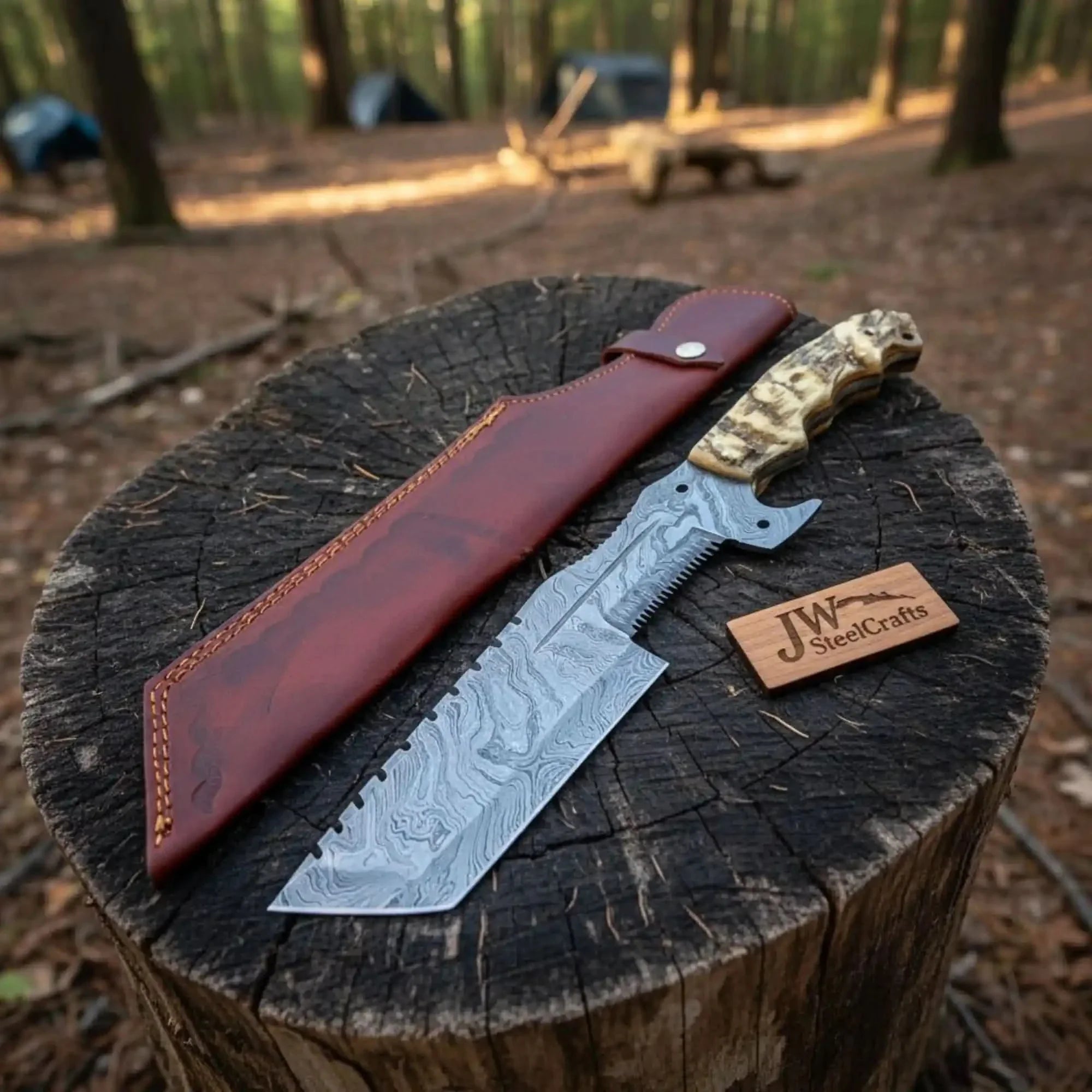 12.5" Full Tang Damascus Blade Hunting Knife Ram's Horn Leather Sheath