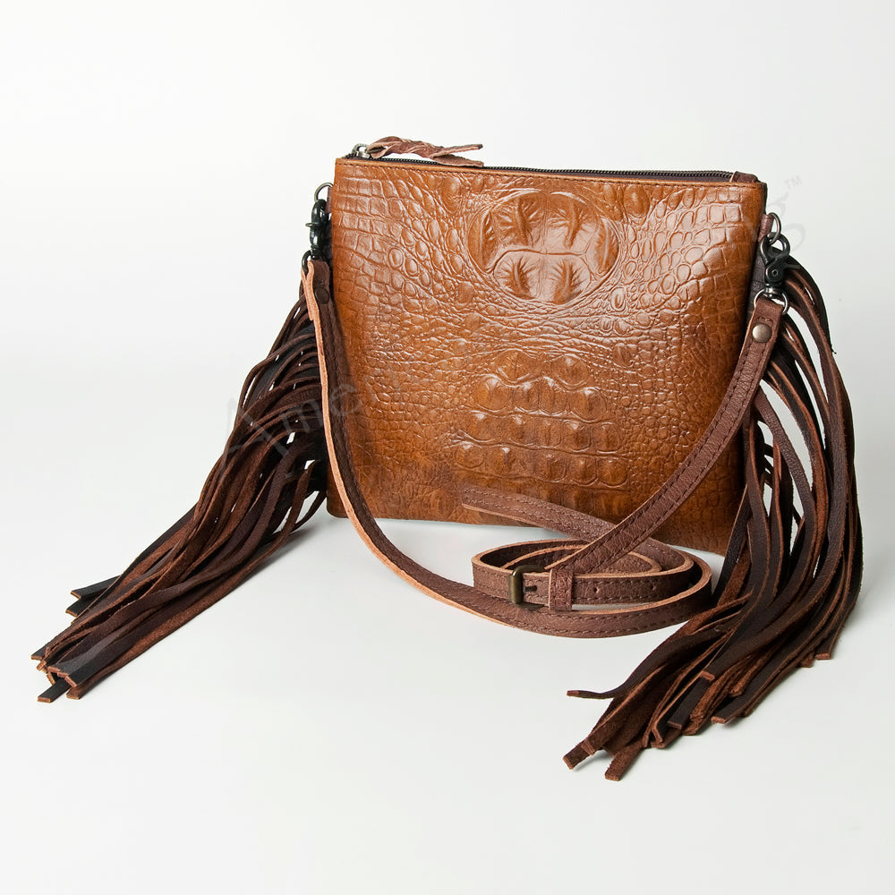 American Darling Small Cross body Bag, Crocodile Embossed Full Grain Leather Western Purse with Fringes and YKK Zipper