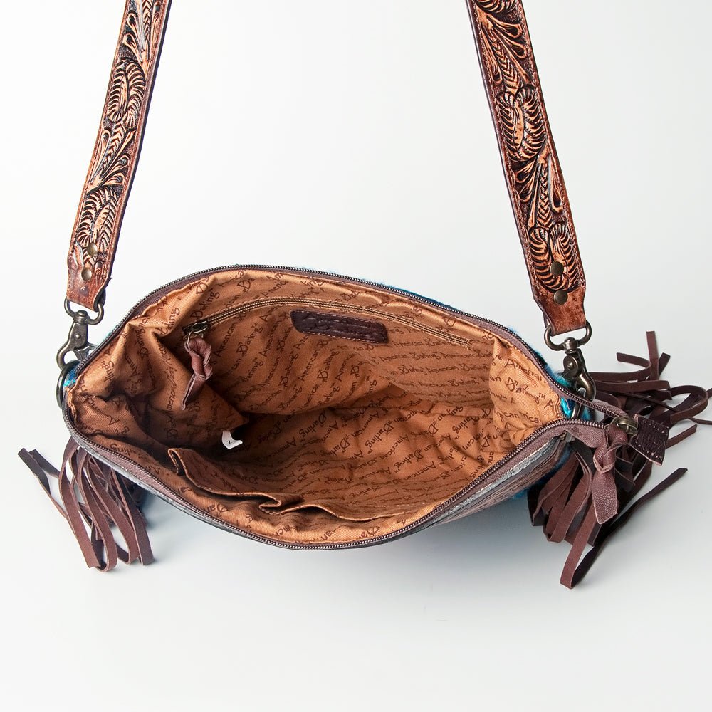 American Darling Signature Crossbody Hand Tooled Upcycled Wool Genuine Leather