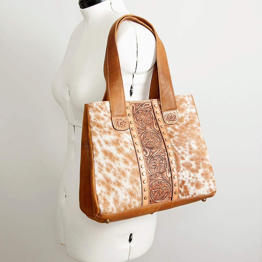 American Darling Hair-On Cowhide Hand Tooled Floral Genuine Leather Tote Bag Eco-Friendly Full Grain Rivetted YKK Zipper