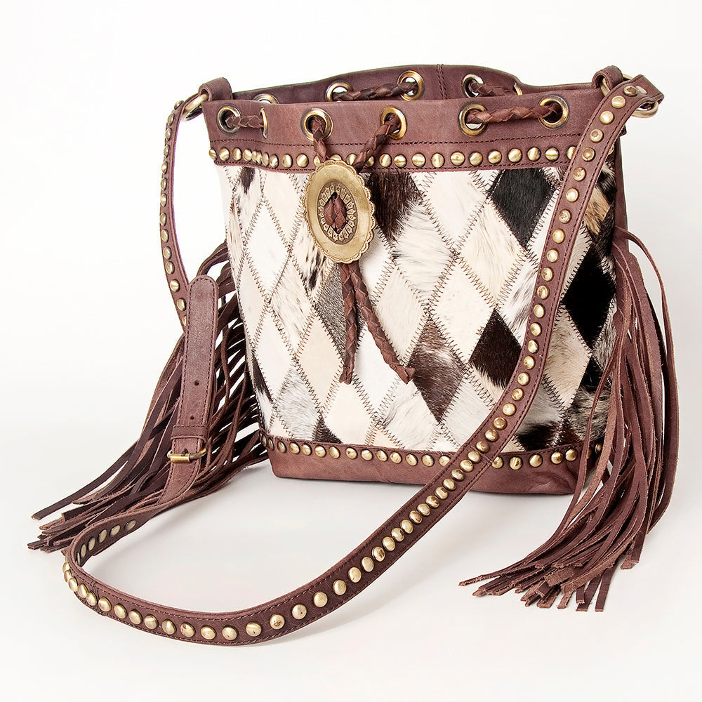 American Darling Bucket Bag Hair-On Cowhide Genuine Leather Fringes Riveted Drawstring Western Purse 11in X 13in X 5in