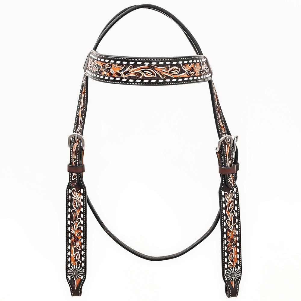 Bar H EquineWestern Horse Genuine Leather Floral Design  Headstall Dark Brown
