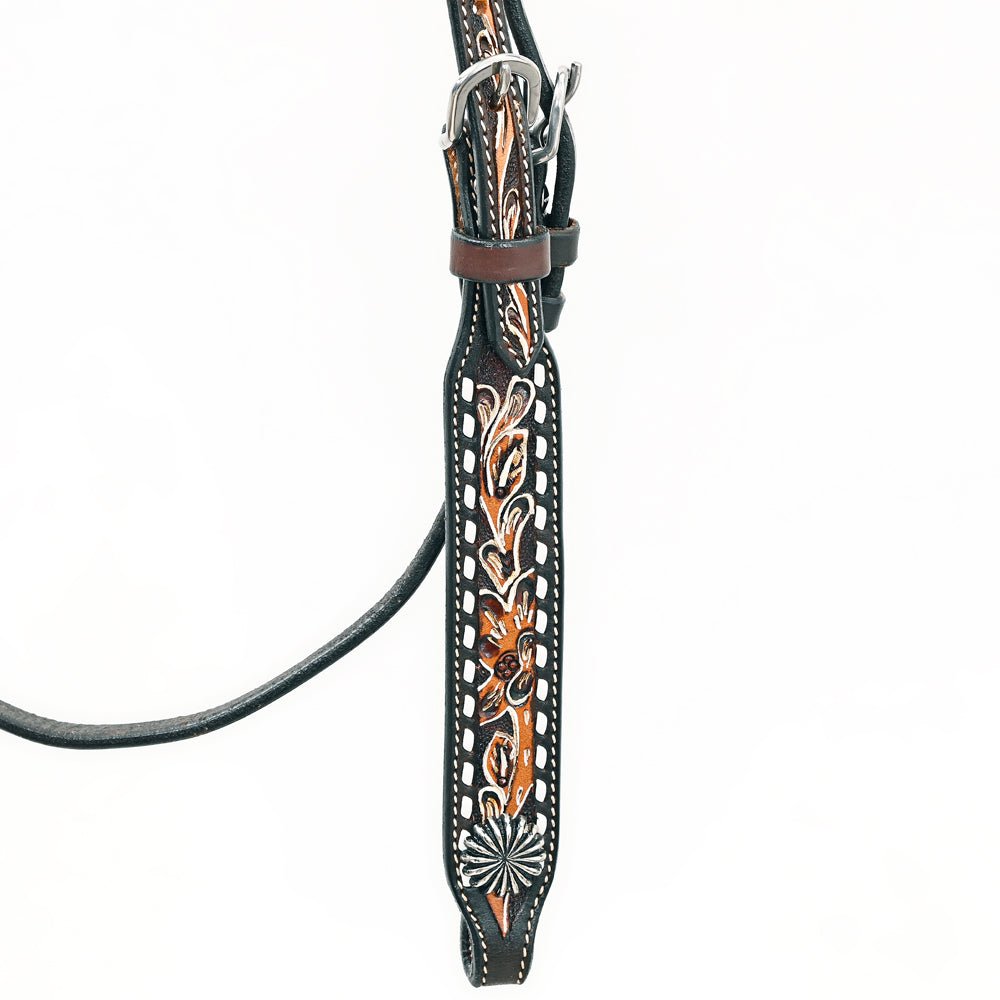 Bar H EquineWestern Horse Genuine Leather Floral Design  Headstall Dark Brown