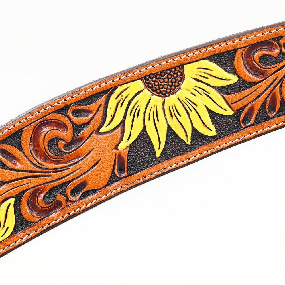 BAR H EQUINE Genuine Horse Hand Tooled Painted Sunflower Leather Breast Collar Tan