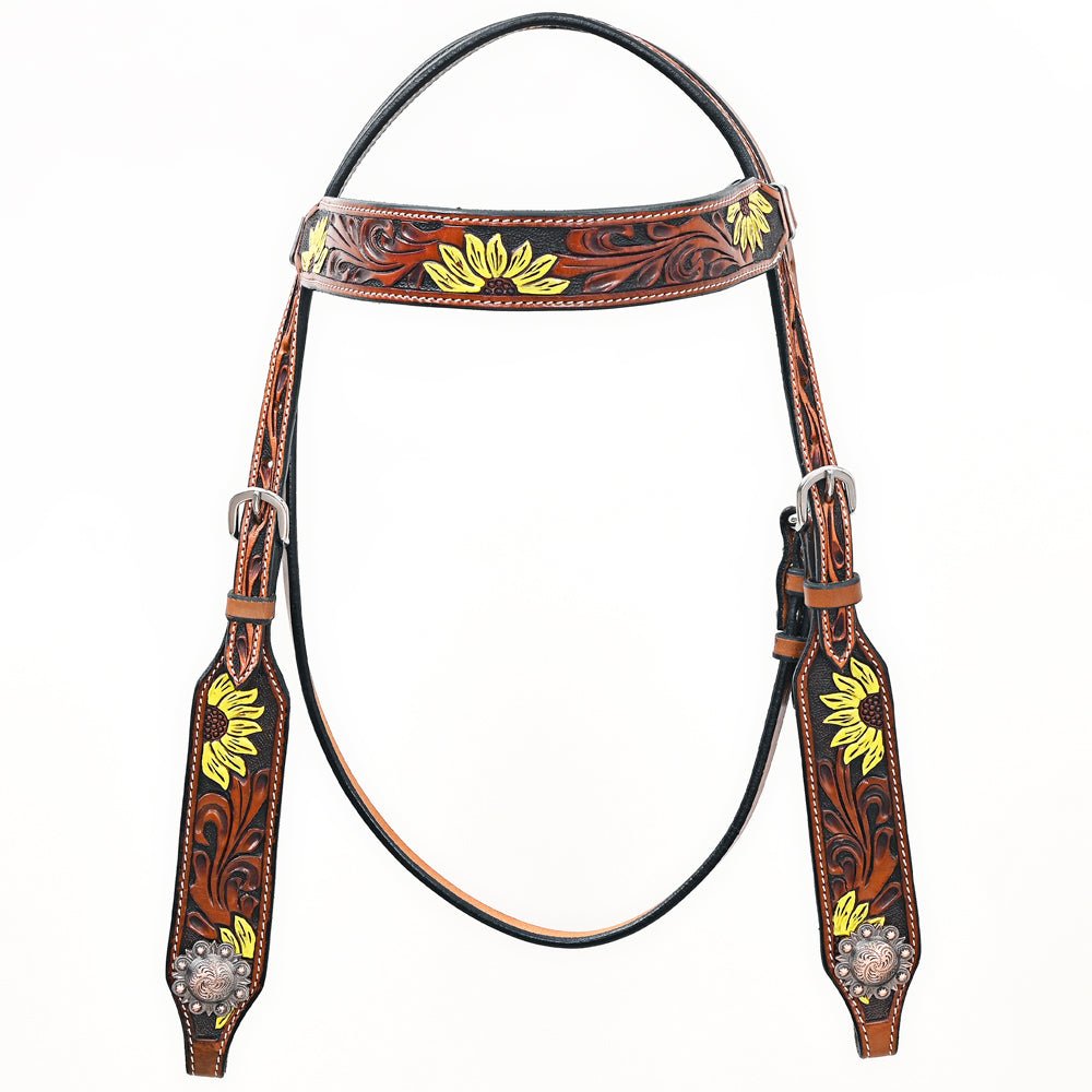 Bar H Equine Western Horse Genuine Leather Floral Design  Headstall Tan