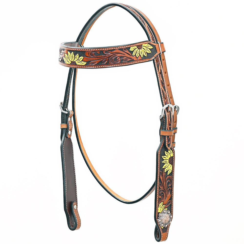 Bar H Equine Western Horse Genuine Leather Floral Design  Headstall Tan