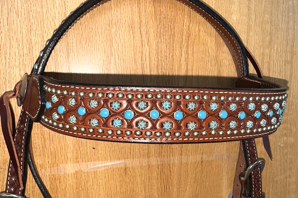 Bar H Equine Western Horse Genuine Leather Hand Tooled  Headstall Tan