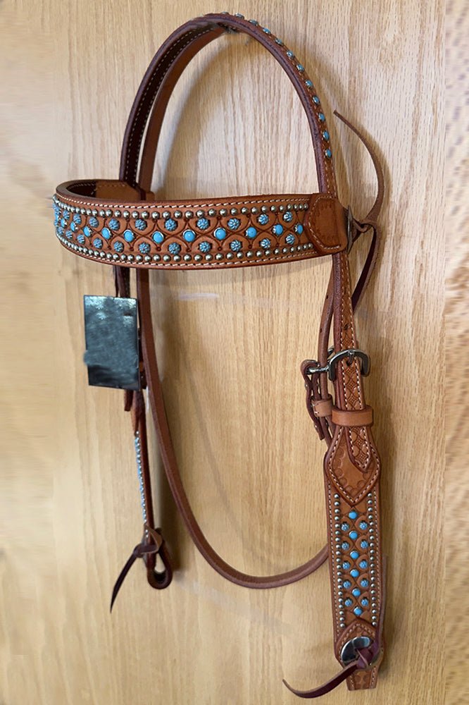 Bar H Equine Western Horse Genuine Leather Hand Tooled  Headstall Tan