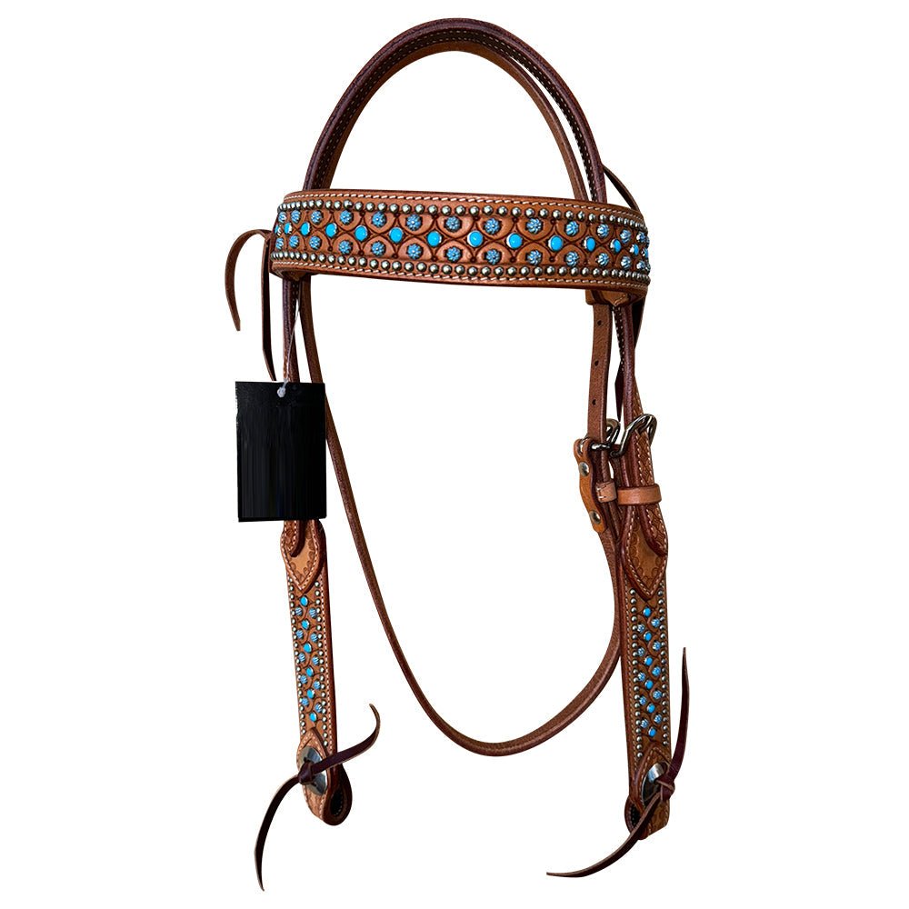 Bar H Equine Western Horse Genuine Leather Hand Tooled  Headstall Tan