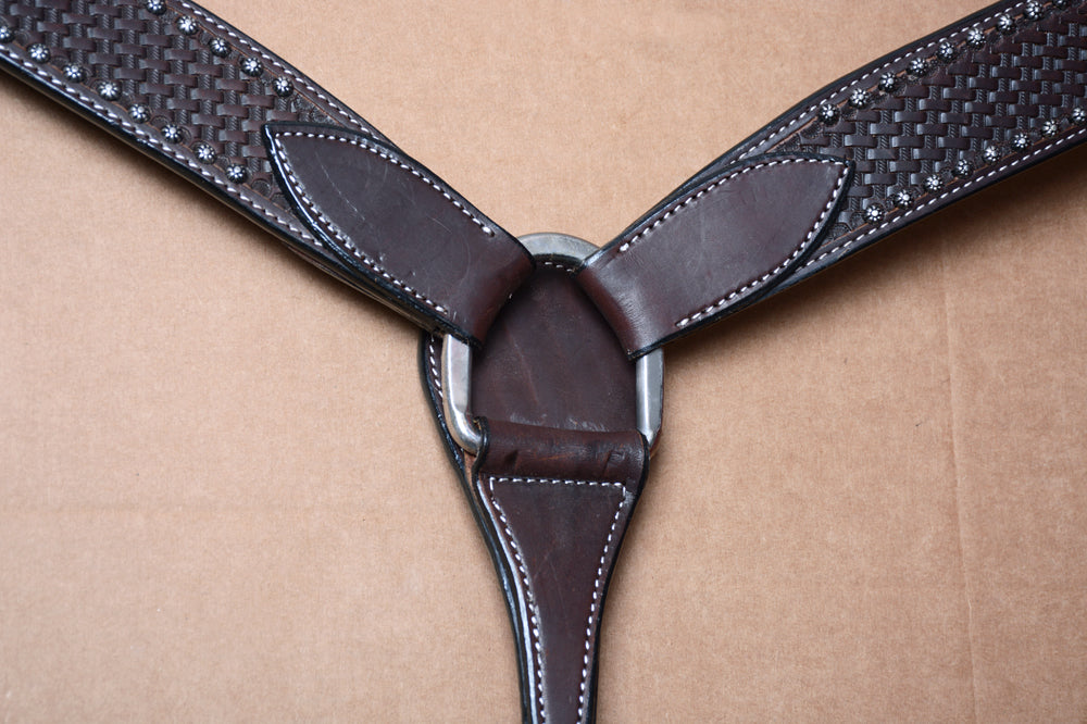 BAR H EQUINE Genuine Horse Hand Tooled Basketweave Leather Breast Collar Dark Brown