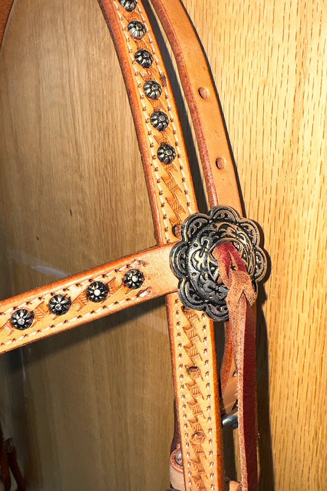 Bar H Equine Western Horse Genuine Leather Hand Tooled  Headstall Dark Brown