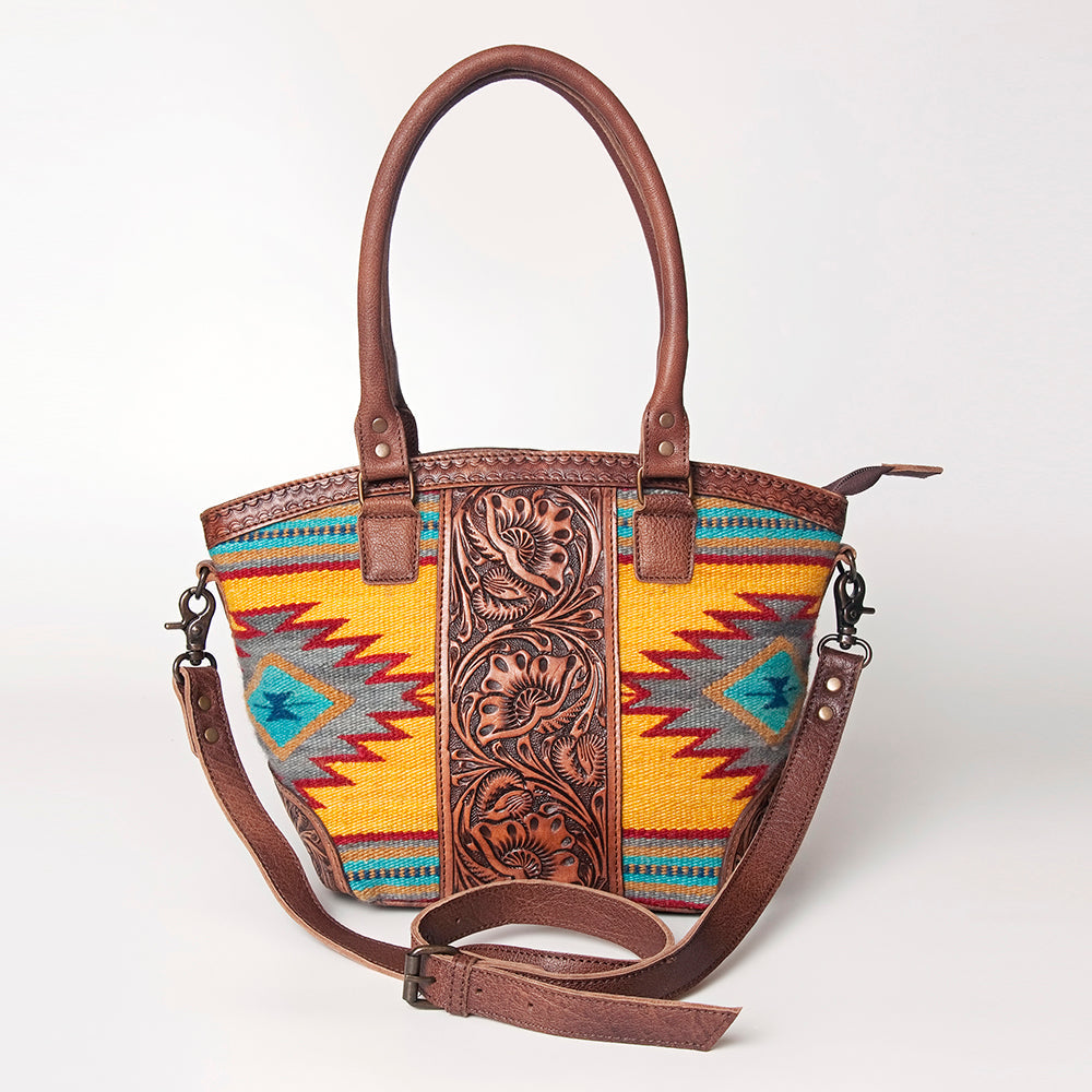 American Darling Tote Bag for Women, Hand Tooled Floral Leather & Woven Saddle Blanket Western Bag with YKK Zipper