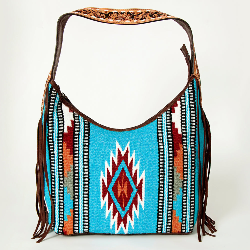 American Darling Hand-Woven Saddle Blanket Hobo Bag Women's Genuine Leather Hand Tooled Purse with Fringes & YKK Zipper