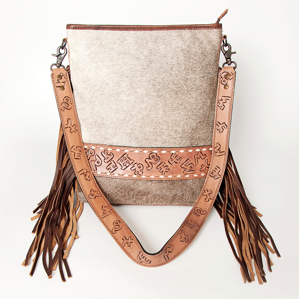 American Darling Large Cross body Bag Handcrafted from Hair-On Cowhide & Hand Tooled Genuine Leather with Fringes