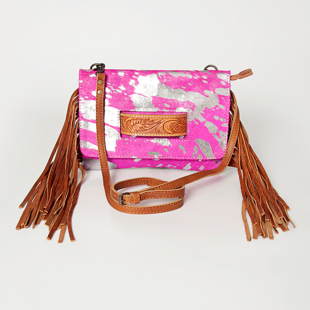American Darling Small Cross body Bag, Hair-On Cowhide & Hand Tooled Floral Leather, Fringes, Vegetable Tanned Genuine Leather