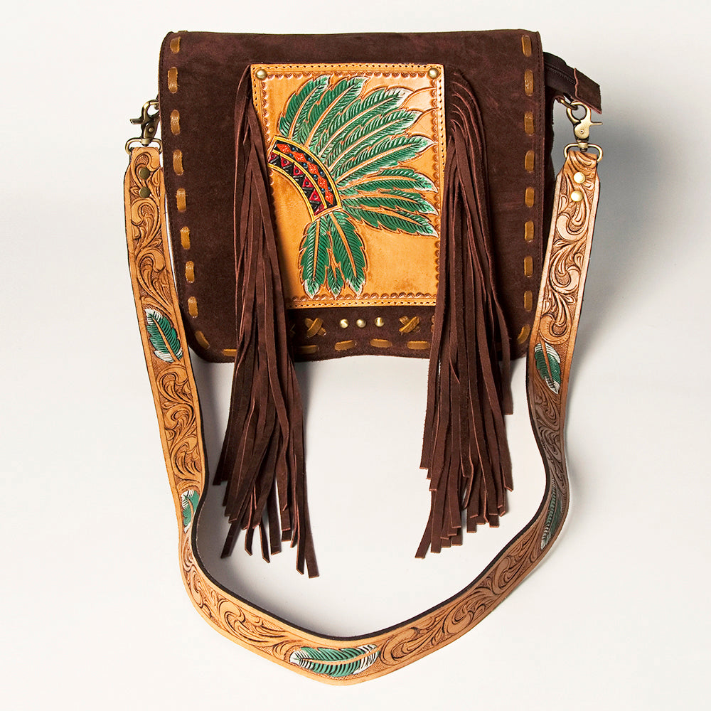 American Darling Hand Tooled Genuine Leather Messenger Bag Vegetable-Tanned Full Grain Leather With Fringes YKK Zipper