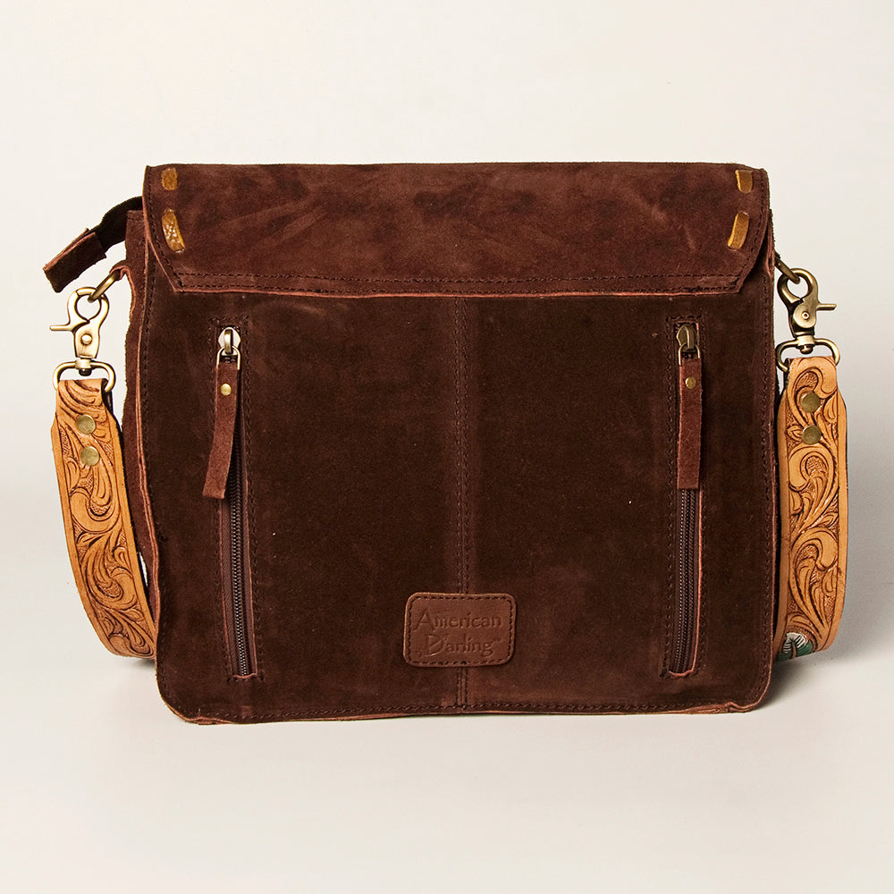 American Darling Hand Tooled Genuine Leather Messenger Bag Vegetable-Tanned Full Grain Leather With Fringes YKK Zipper