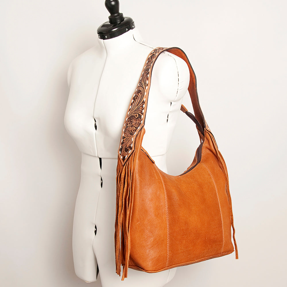 American Darling Hand Tooled Genuine Leather Hobo Bag for Women Floral Carved Vegetable-Tanned Purse with Fringes