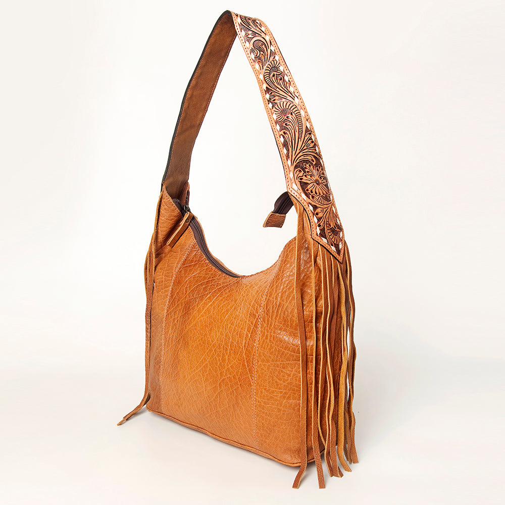 American Darling Hand Tooled Genuine Leather Hobo Bag for Women Floral Carved Vegetable-Tanned Purse with Fringes