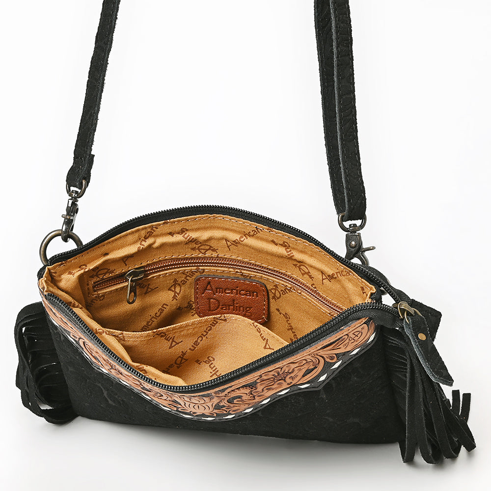 American Darling Western Small Crossbody Bag – Genuine Hair-On Cowhide Leather with Fringes, Adjustable Strap, Handcrafted in Texas
