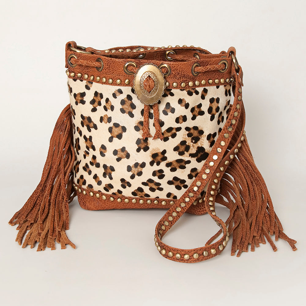 American Darling Bucket Bag Hair-On Cowhide Genuine Leather Fringes Riveted Drawstring Western Purse 11in X 13in X 5in