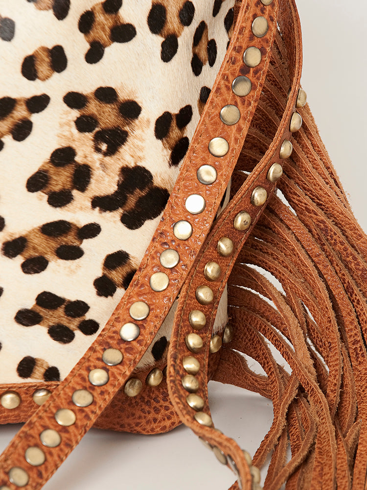 American Darling Bucket Bag Hair-On Cowhide Genuine Leather Fringes Riveted Drawstring Western Purse 11in X 13in X 5in