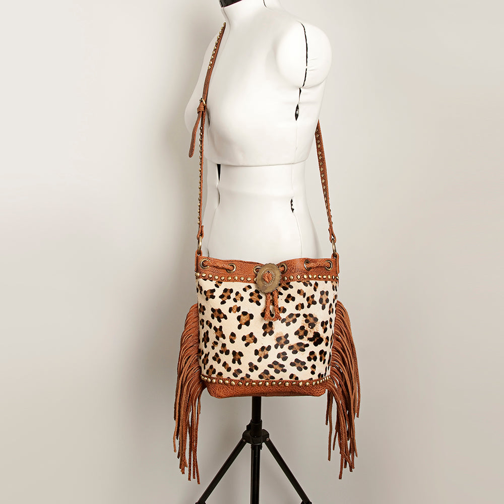 American Darling Bucket Bag Hair-On Cowhide Genuine Leather Fringes Riveted Drawstring Western Purse 11in X 13in X 5in