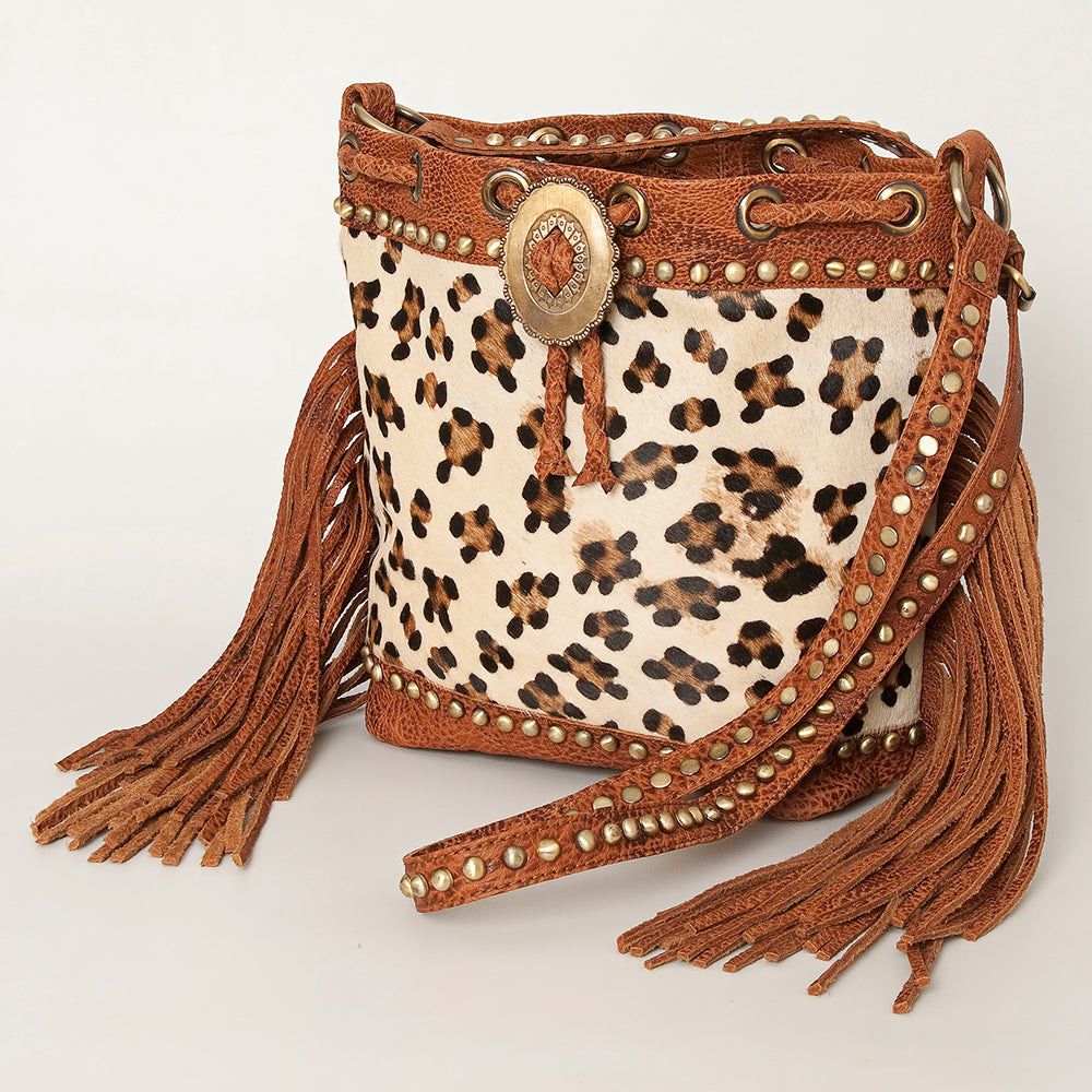 American Darling Bucket Bag Hair-On Cowhide Genuine Leather Fringes Riveted Drawstring Western Purse 11in X 13in X 5in