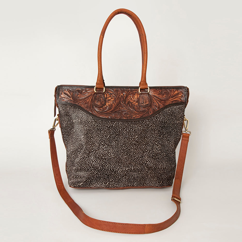 American Darling Tote Bag Hand Tooled Floral Carved Hair-On Cowhide Genuine Vegetable Tanned Leather 14in X 14in X 6in