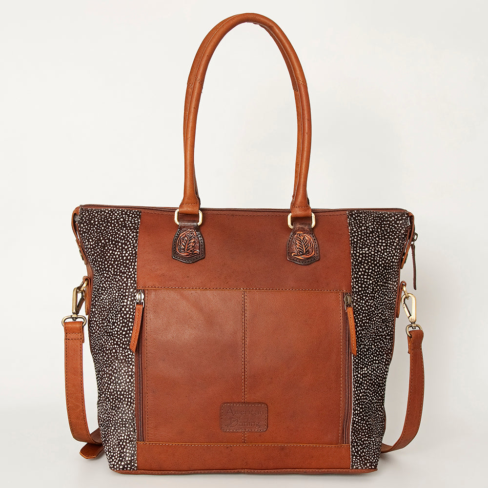 American Darling Tote Bag Hand Tooled Floral Carved Hair-On Cowhide Genuine Vegetable Tanned Leather 14in X 14in X 6in