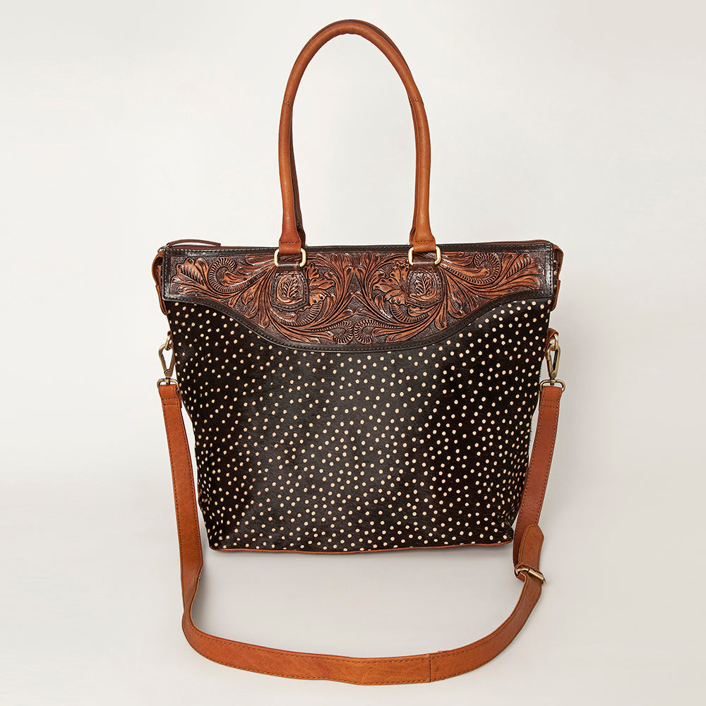 American Darling Tote Bag Hand Tooled Floral Carved Hair-On Cowhide Genuine Vegetable Tanned Leather 14in X 14in X 6in