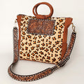 American Darling Hand-Tooled Leather Tote Bag, Hair-On Cowhide Western Purse, Buck Stitched, 14in (H) X 13.25in (W) X 4.25in (D)