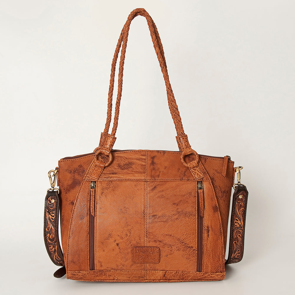 American Darling Hair-On Cowhide Tote Bag, Hand-Tooled Floral Western Leather Purse, Buck Stitched, 10in (H) X 13.5in (W) X 4in (D)