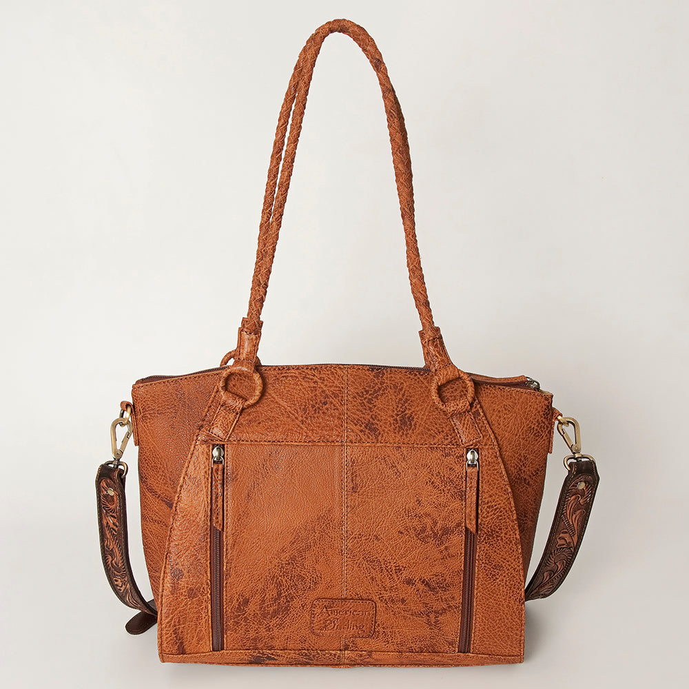 American Darling Hair-On Cowhide Tote Bag, Hand-Tooled Floral Western Leather Purse, Buck Stitched, 10in (H) X 13.5in (W) X 4in (D)