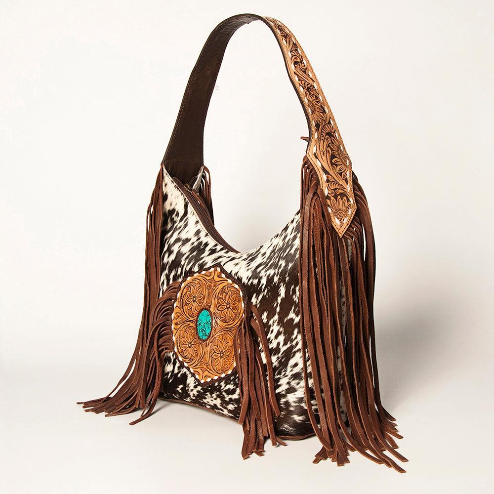 American Darling Hand-Tooled Hair-On Leather Fringe Tote