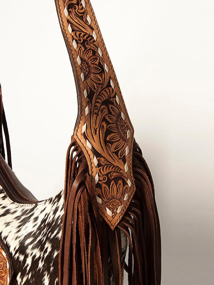 American Darling Hand-Tooled Hair-On Leather Fringe Tote