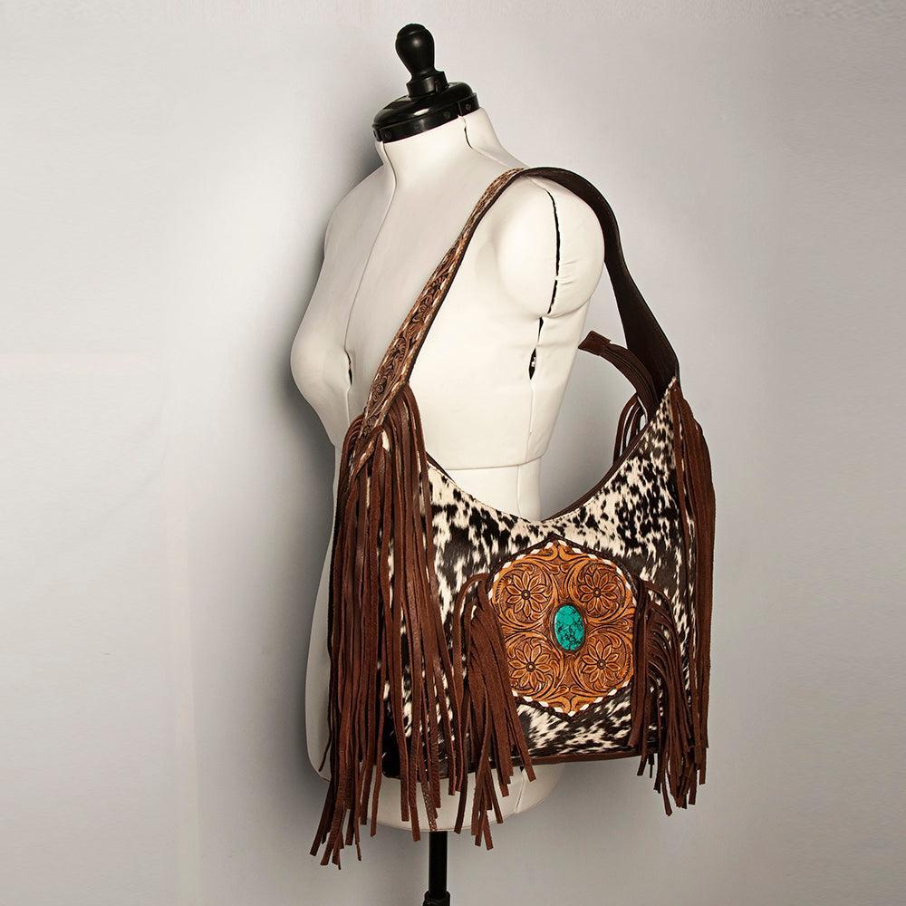 American Darling Hand-Tooled Hair-On Leather Fringe Tote