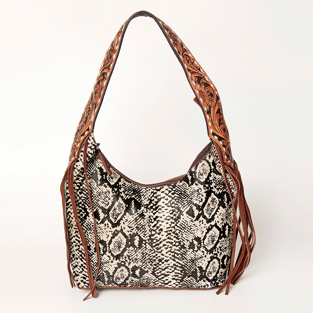 American Darling Hand Tooled Genuine Leather Hobo Bag for Women Hair-On Cowhide Floral Carved Purse with Fringes & YKK Zipper