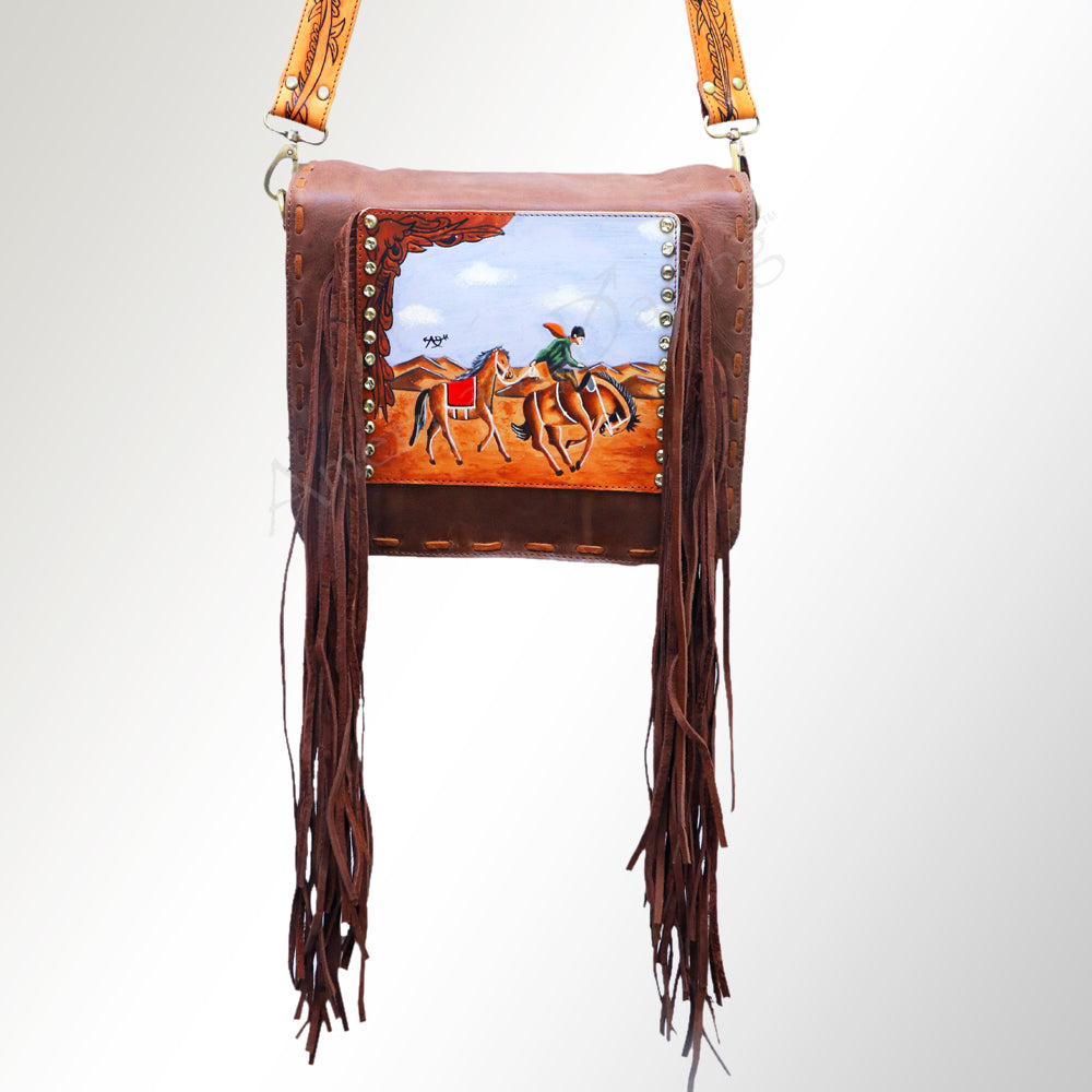 American Darling Cross body Bag Hand Tooled Floral Leather Fringed Western Purse 12in x 12in