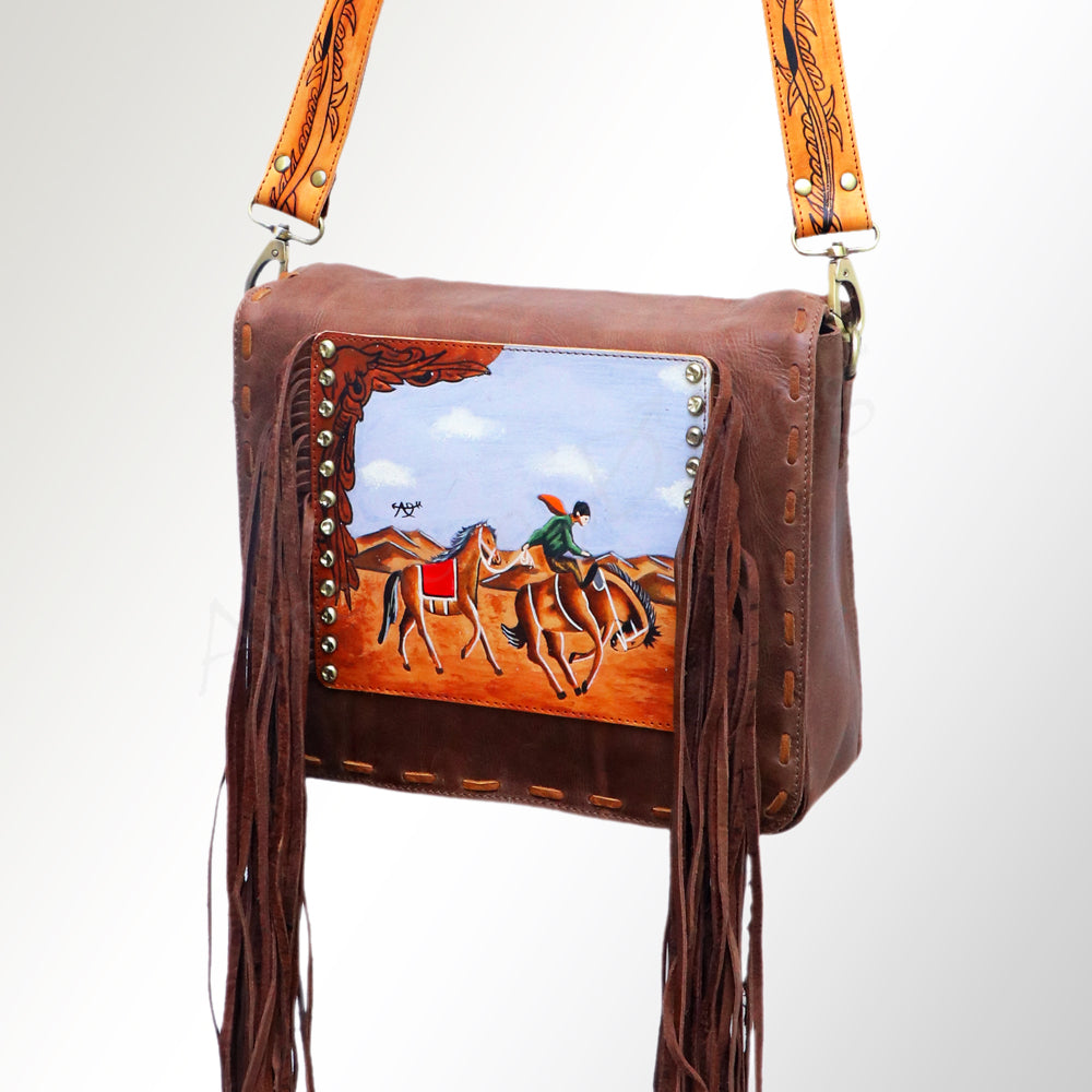 American Darling Cross body Bag Hand Tooled Floral Leather Fringed Western Purse 12in x 12in