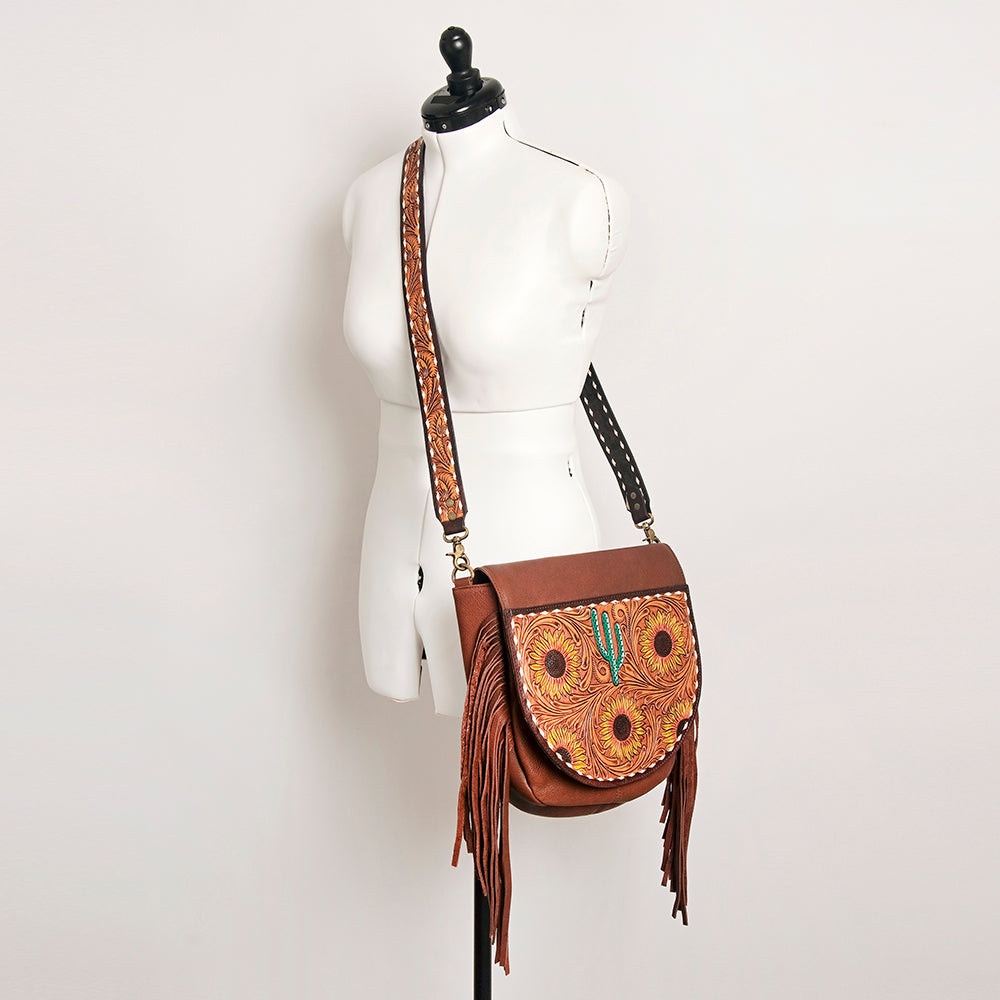 American Darling Messenger Hand Tooled Floral Carved Genuine Leather with Fringes Buck Stitched Western Accessories