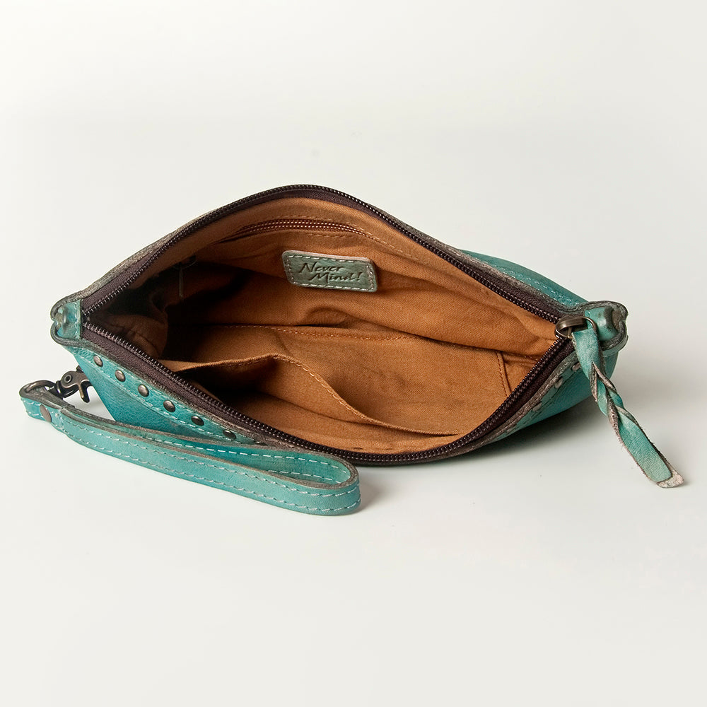 Never Mind Wristlet Vintage Handmade Genuine Cowhide Leather